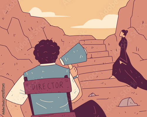 A cinematic illustration of a film director seated with a megaphone, guiding an actor on a dramatic stone staircase in a rocky landscape.