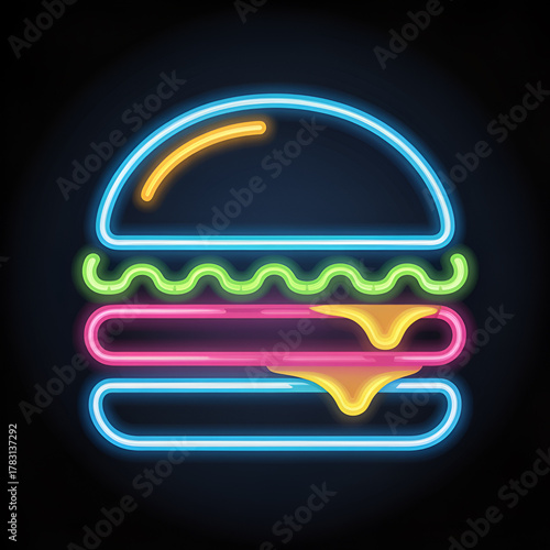 Neon glowing burger illustration with colorful layers on a black background