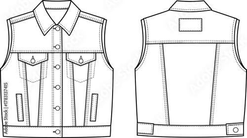 Sleeveless denim vest front and back view, button up design, flap and welt pockets, patch detail, fashion flat sketch, cad vector illustration