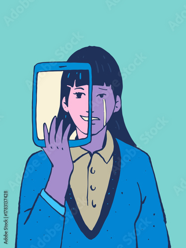 Surreal illustrations exploring digital habits, online identity, and tech-infused daily life—where smartphones, social media, and cables blend into modern rituals.