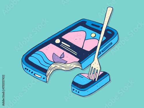 Surreal illustrations exploring digital habits, online identity, and tech-infused daily life—where smartphones, social media, and cables blend into modern rituals.