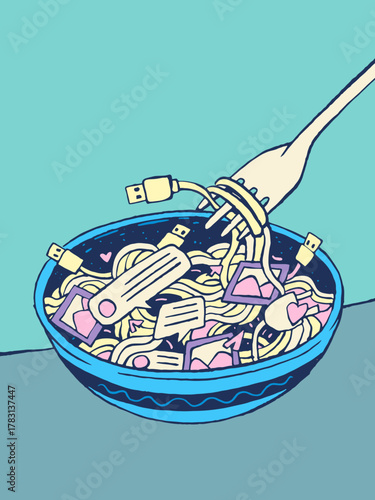 Surreal illustrations exploring digital habits, online identity, and tech-infused daily life—where smartphones, social media, and cables blend into modern rituals.