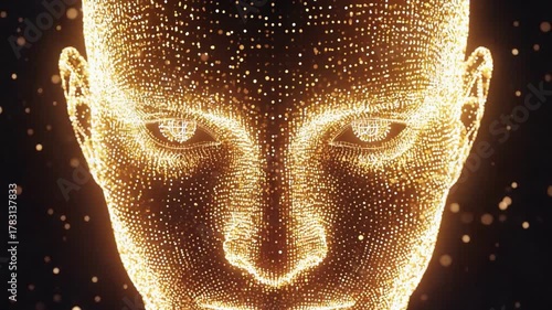Illuminated Being: The close-up shot of a human face, intricately composed of countless luminous particles, emits a powerful aura of intelligence, artificiality, and the digital era.