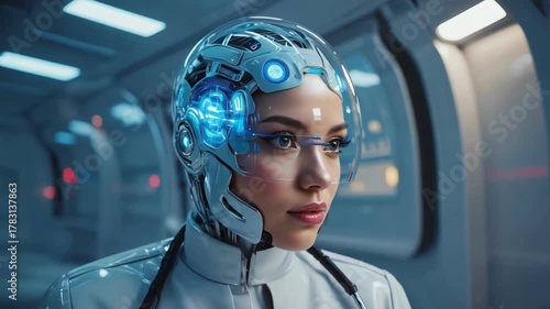 Futuristic Vision: A woman in a technological environment with a high-tech helmet and futuristic glasses, a portrait showcasing a fusion of innovation and human connection.