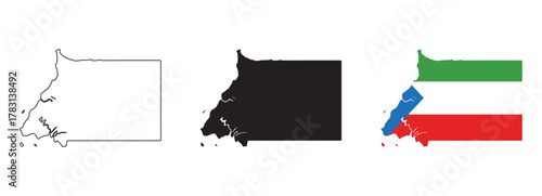 Equatorial Guinea map vector set with editable country outline black silhouette and national flag featuring green white red blue stripes with tree emblem for education, travel, and design use
