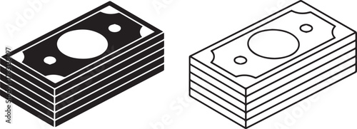 Isometric stack of banknotes money icon in black and outline vector format isolated on white background