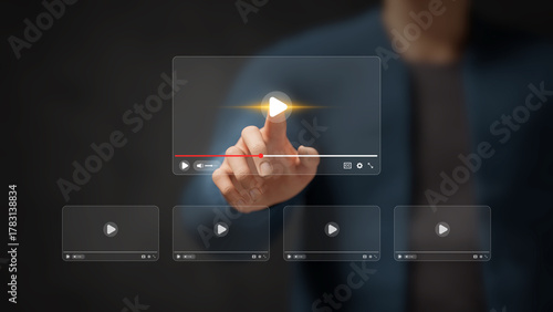 E-learning platform for online education, virtual classes, skill development, digital courses, training programs, webinar and remote learning success. Person touching video on virtual screen. 3D image