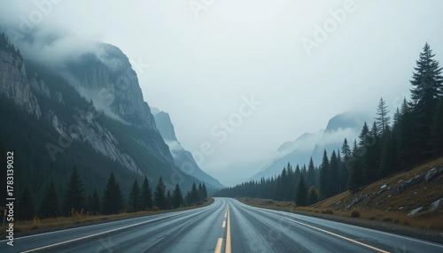 Mountain Road Trip A Scenic Drive Through a Foggy Landscape