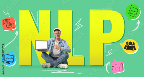Young man pointing at blank...
