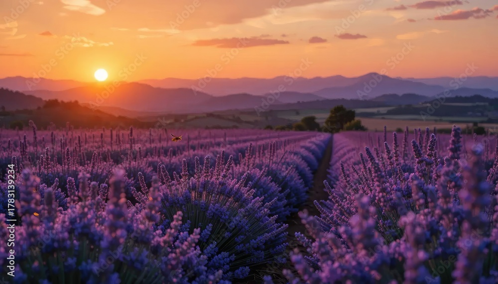 Obraz premium Sunset over a lavender field, purple hues, mountains in the distance, scenic landscape