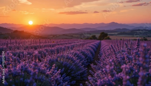 Sunset over a lavender field, purple hues, mountains in the distance, scenic landscape