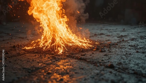Fierce flames erupt from a dark, cracked asphalt ground, a symbol of chaos and unrest