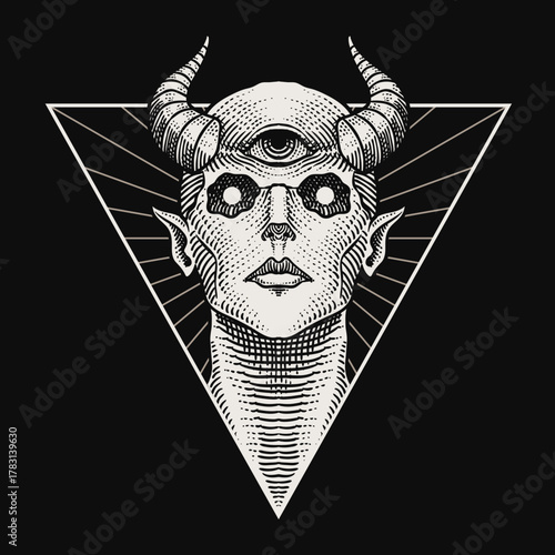Illustration of Mystical Creature with Third Eye and Horns in Engraved Style Vector