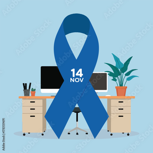 World Diabetes Day vector set with blue circle symbols, glucometer icons, office wellness scenes, healthy food, insulin awareness, global health, and support art