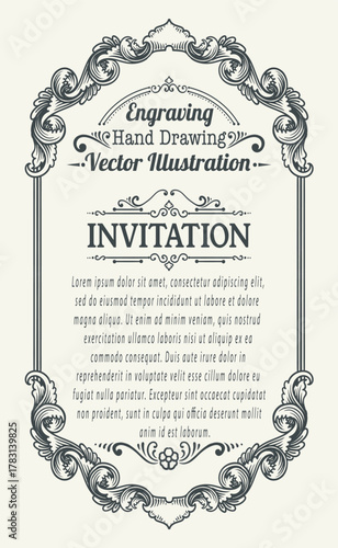 Ornate Hand Drawn Engraved Frame for Vintage Invitation Vector Illustration