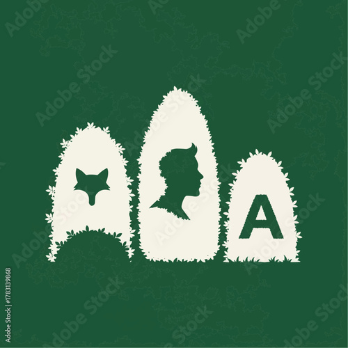 Vector silhouettes of various hedge shapes forming hidden icons