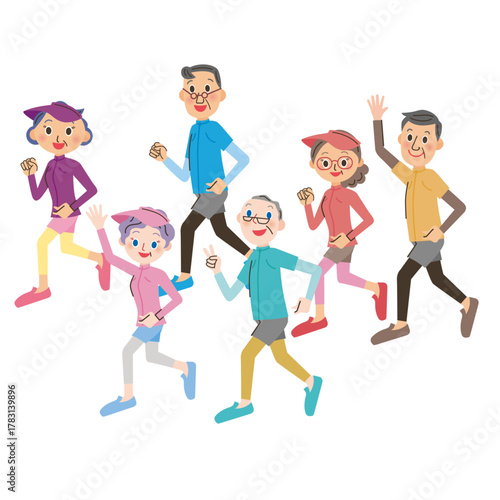 老人が元気にゆっくりと笑顔でランニングしている