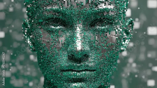 Digital Portrait of Human: An artistic portrayal of a human face composed of countless digital elements, signifying the blend of technology and the human essence.