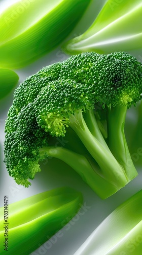Fresh Green Broccoli Florets Artfully Arranged on a Clean White Surface with Sliced Leeks Vibrant Healthy Food Photography Studio Shot