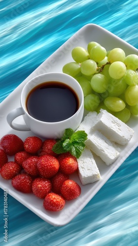 Fresh Poolside Breakfast Featuring Ripe Strawberries Juicy Green Grapes Fluffy White Cheese Cubes and Hot Coffee on a White Plate Over a Turquoise Water Background
