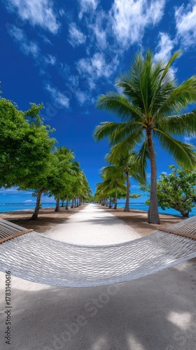 Idyllic Tropical Beach Pathway Lined with Palm Trees and Lush Green Foliage Leading to a Serene Blue Ocean Under a Vibrant Sky with Fluffy Clouds