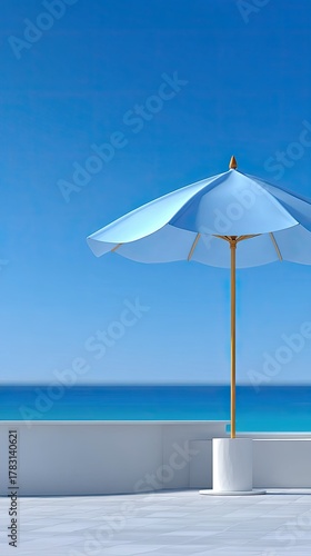 Light Blue Beach Umbrella Stands Tall Against a Vivid Blue Ocean Sky with White Platform and Yellow Pole under Bright Sunlight