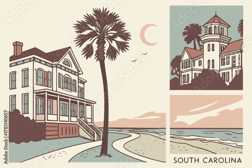 “South Carolina icons: palmetto, beach, and historic homes, pastel vector”