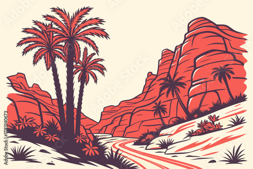 “St. George Utah red cliffs and palm trees, bold vector”