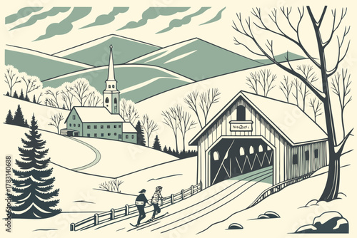 “Stowe Vermont with ski slopes and covered bridge, winter vector”