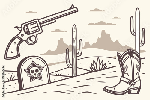 “Tombstone western icons and desert skyline, heritage vector”
