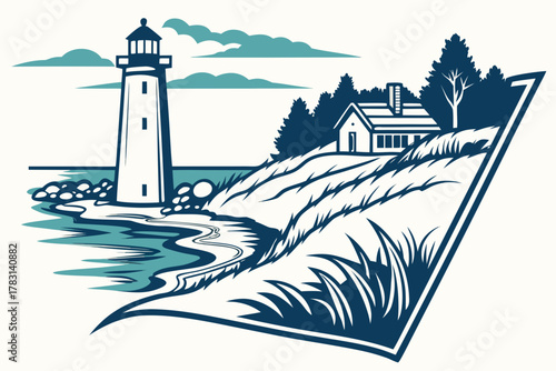 “Michigan state icons: lakes, dunes, and lighthouses, nautical vector”