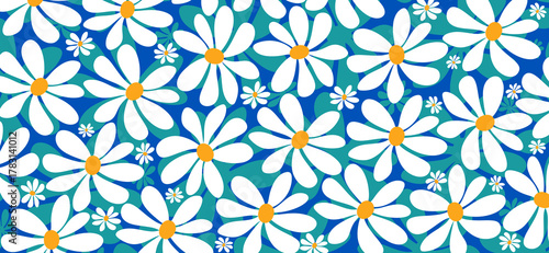 White daisy flowers, bold floral pattern wide background, cheerful retro vibe cover design background, web banner