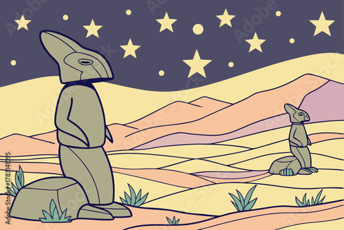 “Borrego Springs desert sculptures and stars, surreal vector”