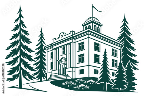 “Prescott Arizona courthouse and pine forest, clean vector”