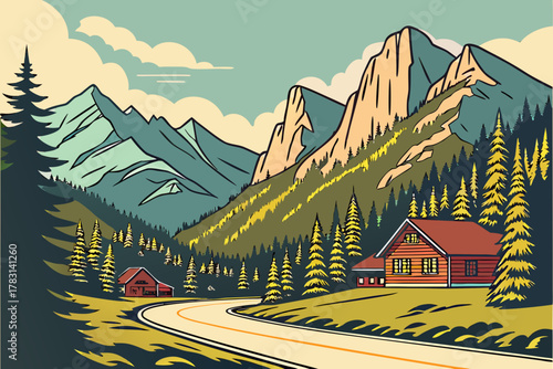 “Red Lodge Montana with Beartooth Highway, scenic vector”