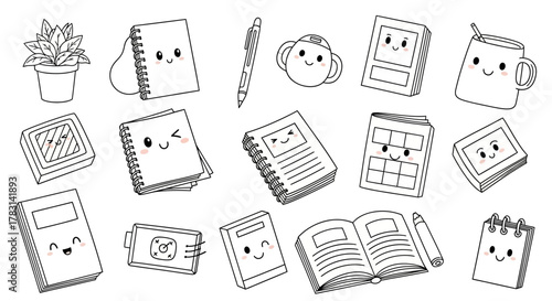 Charming Kawaii stationery collection featuring happy notebooks pens mugs and plants for joyful school or office designs