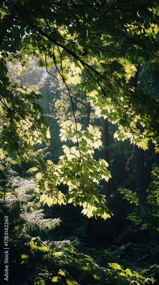 Fototapeta premium Sunlight filters through dense forest canopy illuminating bright green foliage