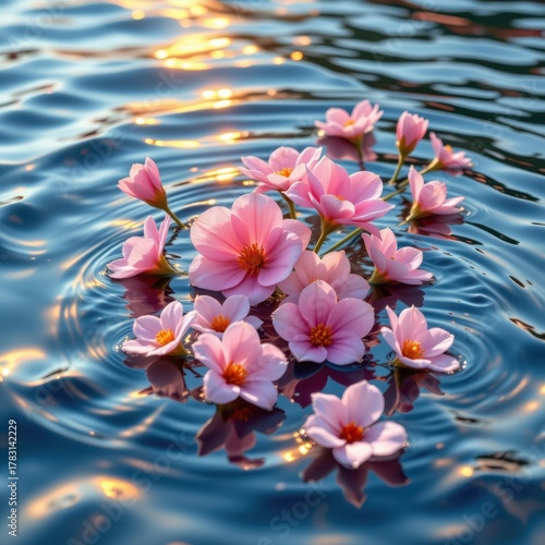 Wallpaper Mural Pink blossoms floating on golden rippling water, illuminated by warm sunlight in a tranquil and poetic composition. Torontodigital.ca