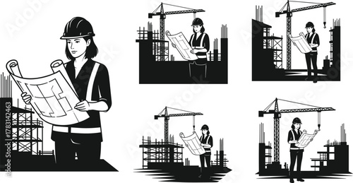 Female engineer, construction site, blueprint, safety gear, hard hat, scaffolding, crane, building plan, black and white, vector, architecture, job