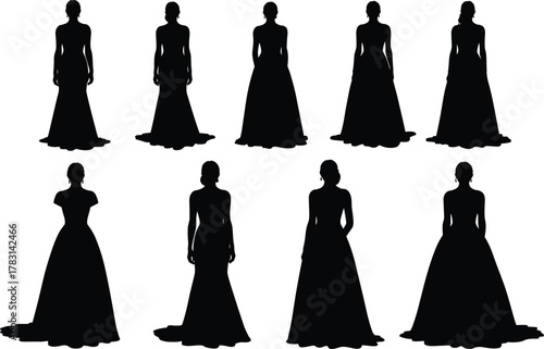 Formal dress silhouette set, elegant woman vector, fashion gown icons, stylish pose illustration, editable flat design, black isolated elements