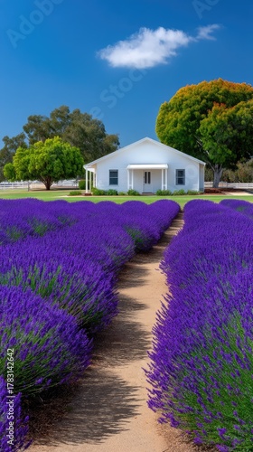 Vibrant purple lavender field with a charming white cottage and lush green trees under a clear blue sky with fluffy clouds