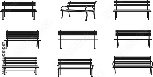 Park bench silhouette set, outdoor furniture vector, garden seat icons, urban design elements, editable flat illustration, black isolated shapes