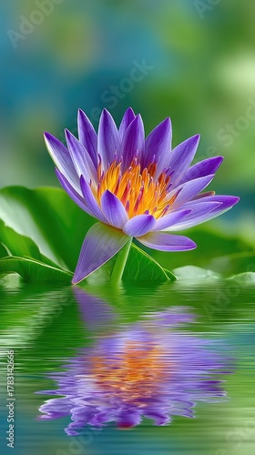 Vibrant Purple Lotus Flower Macro Shot With Yellow Center Floating On Water With Green Leaves And Soft Bokeh Background In Sunlight