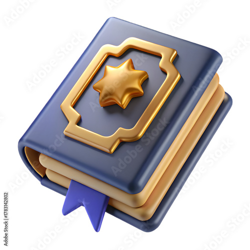 Mysterious ancient closed book with golden star emblem and blue ribbon bookmark on black background