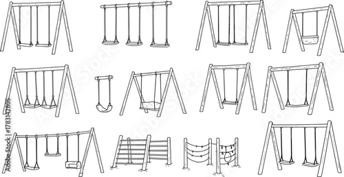 Playground swing silhouette set, climbing structure vector, outdoor play icons, child activity illustration, editable flat design, black isolated elements