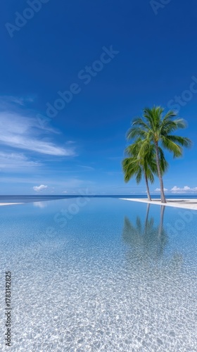 Vibrant Tropical Paradise With Two Tall Palm Trees Overhanging A Sparkling Infinity Pool Under A Clear Blue Sky