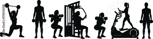 Fitness silhouette, gym workout, strength training, cardio exercise, treadmill running, dumbbell lifting, lat pulldown, squat pose, lunge form, healthy lifestyle