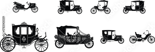 Vintage vehicle silhouette set, horse carriage and early automobile vector, antique transport icons, editable flat design, black isolated elements