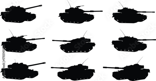 Tank silhouette collection, military vehicle vector, armored combat icons, war machine illustration, editable flat design, black isolated graphic elements