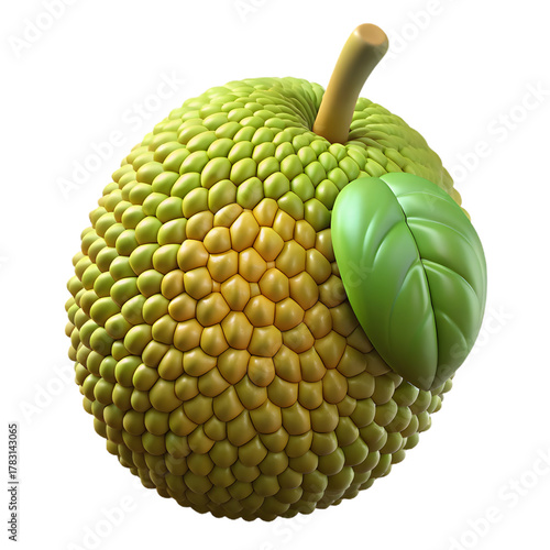 Close up of a ripe green and yellow jackfruit with a single leaf attached against a stark black background